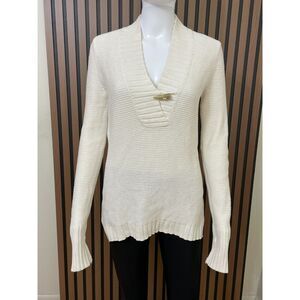 Lauren Ralph Lauren Women's S White Sweater Cotton Pullover Textured Knit Toggle